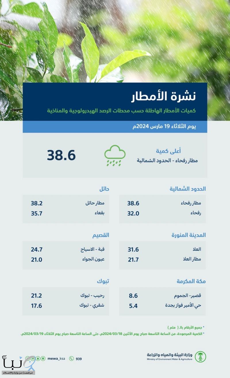 "البيئة": (144) محطة ترصد هطول أمطار في (11) منطقة والحدود الشمالية تسجّل الهطول الأعلى بـ (38.6) ملم