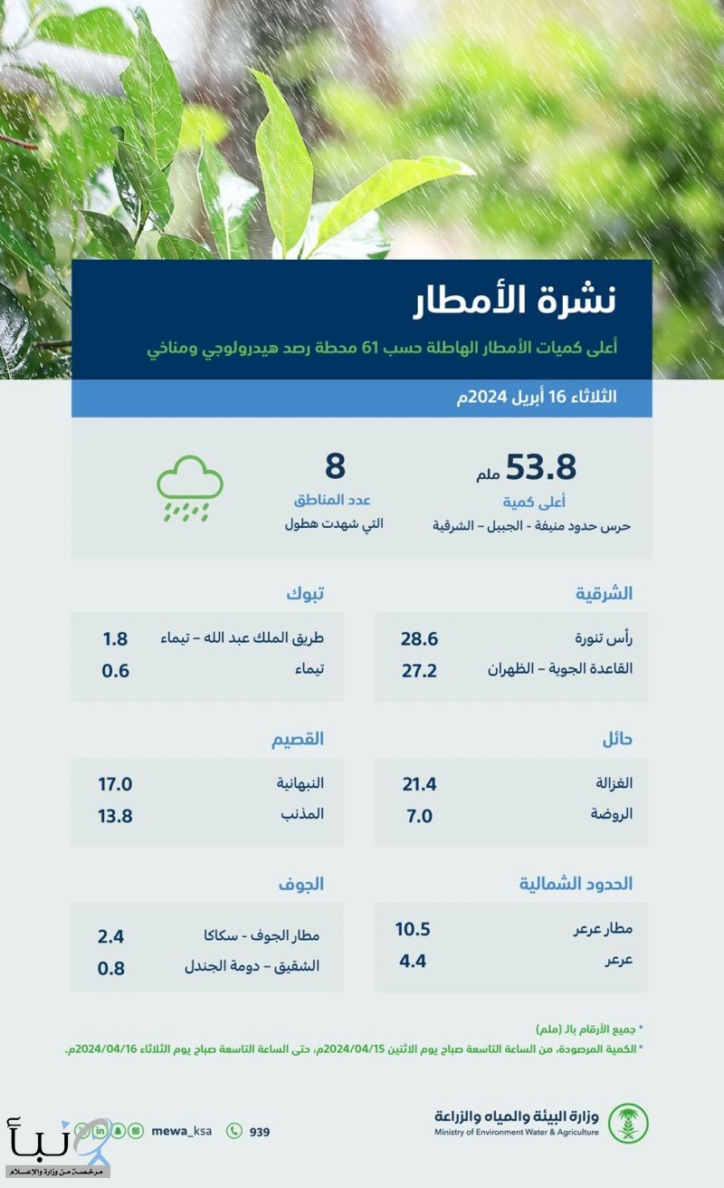 "البيئة" ترصد هطول أمطار في (8) مناطق.. والشرقية تسجّل أعلى كمية بـ (53.8) ملم في الجبيل