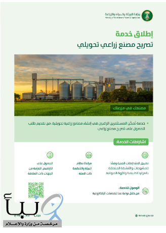 "البيئة" تُطلق خدمة الحصول على تصريح إنشاء مصنع زراعي تحويلي عبر بوابة "نما" الإلكترونية