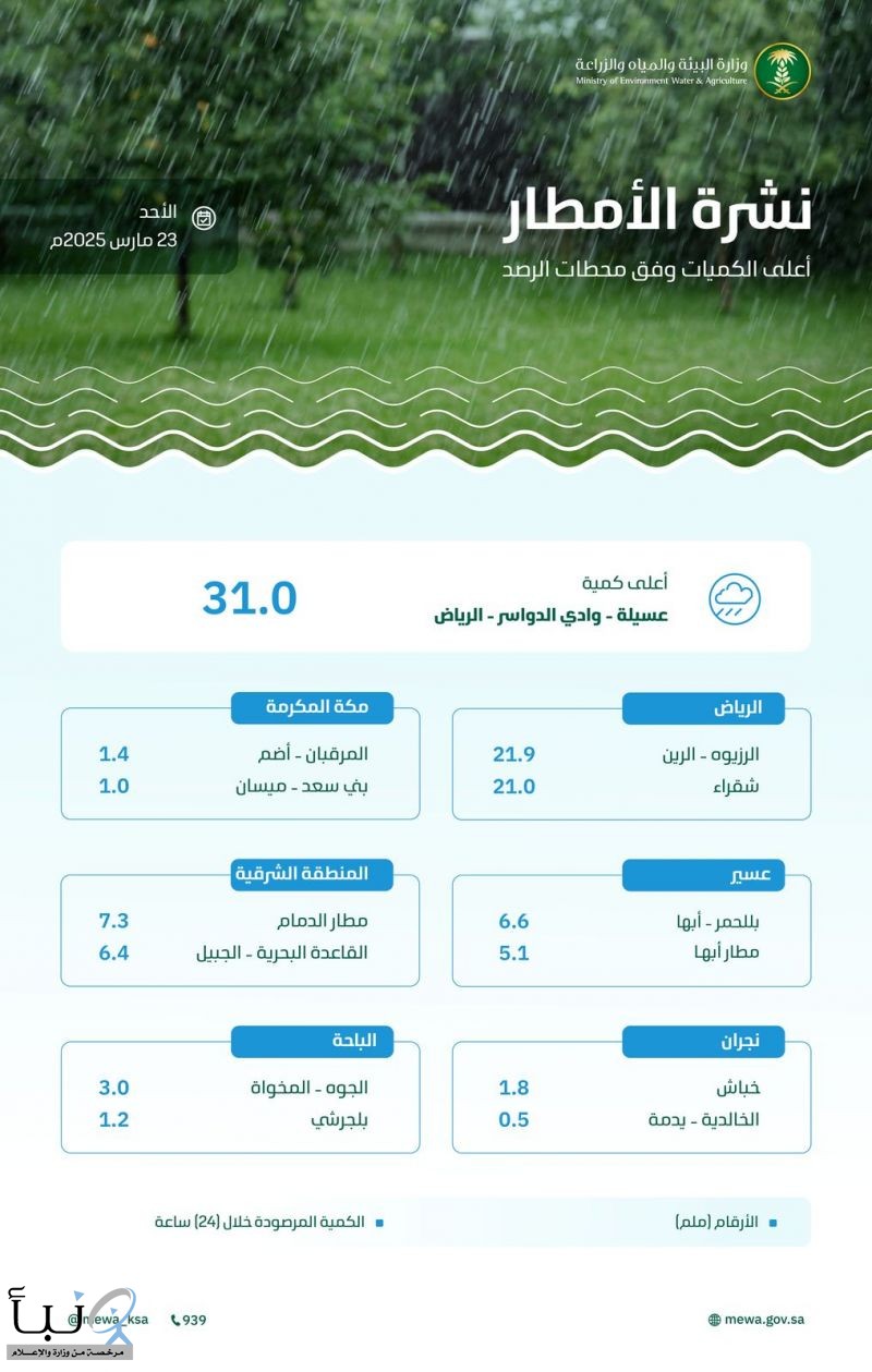 "البيئة": وادي الدواسر بالرياض تُسجّل أعلى كمية هطول أمطار بـ (31.0) ملم ضمن (8) مناطق رصدتها (83) محطة