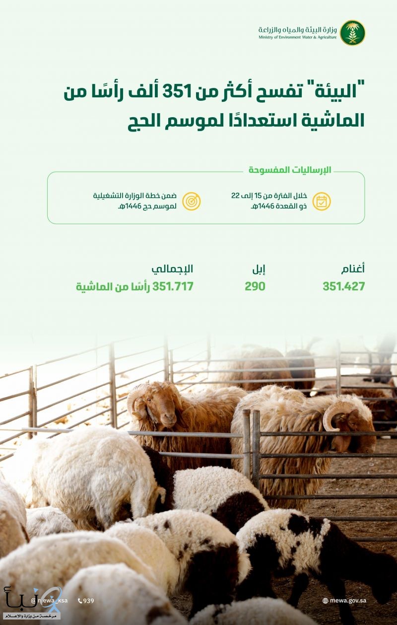 "البيئة تُعلن عن فسح أكثر من 351 ألف رأس من الماشية وتؤكد اكتمال جاهزية قطاعات المنظومة لموسم حج 1446هـ