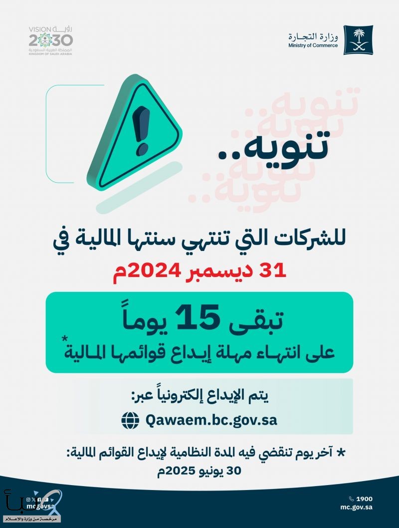 "التجارة": 15 يوماً متبقية لإيداع القوائم المالية للشركات المنتهية سننتها المالية بنهاية 2024