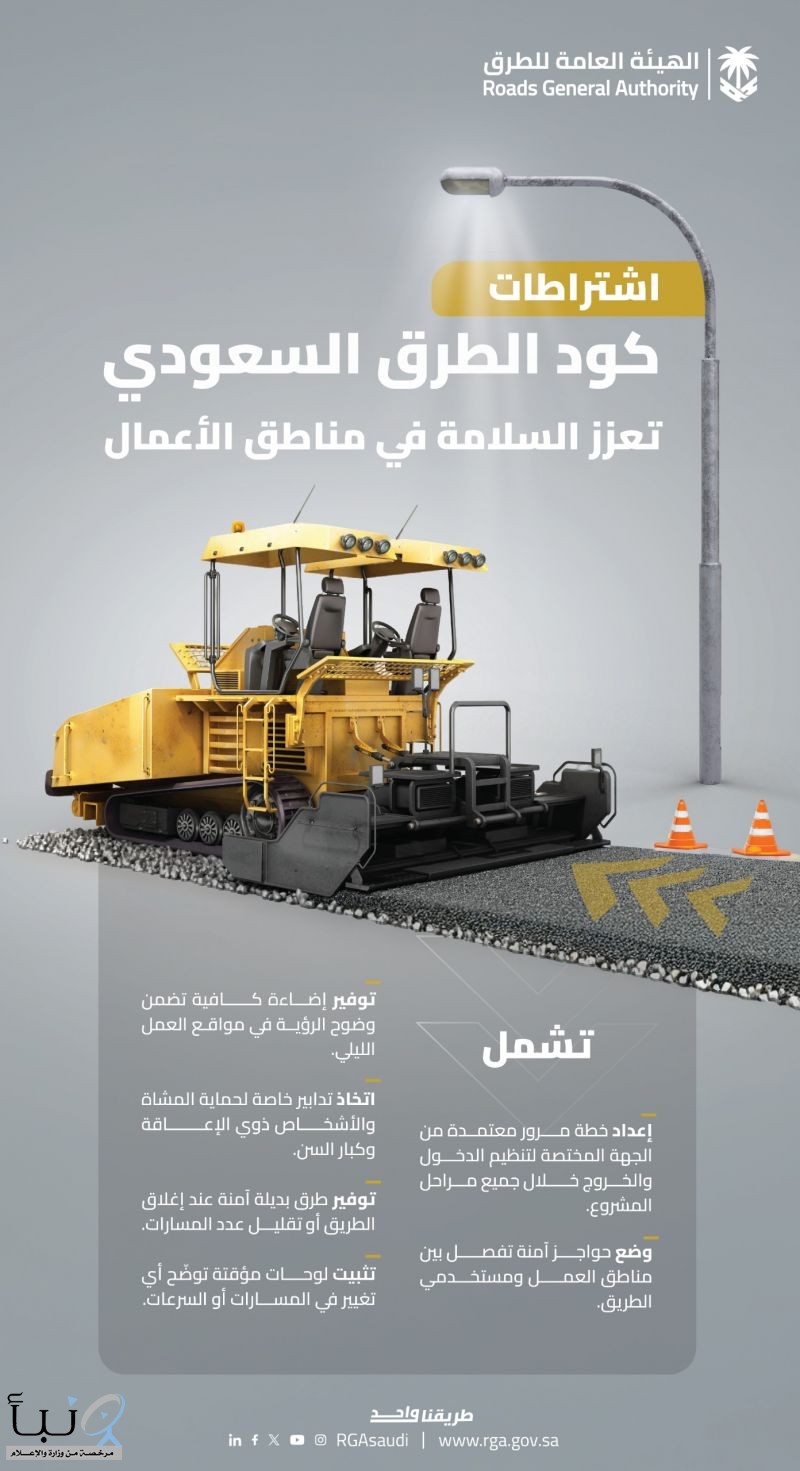 هيئة الطرق: كود الطرق السعودي يضع اشتراطات لتعزيز السلامة في مناطق الأعمال