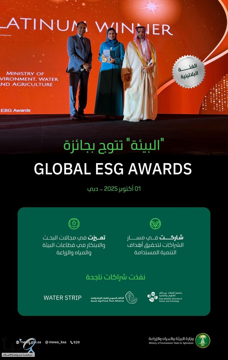 "البيئة" تتوج بجائزة GLOBAL ESG AWARDS لتميزها في مجال الابتكار لتحقيق الاستدامة