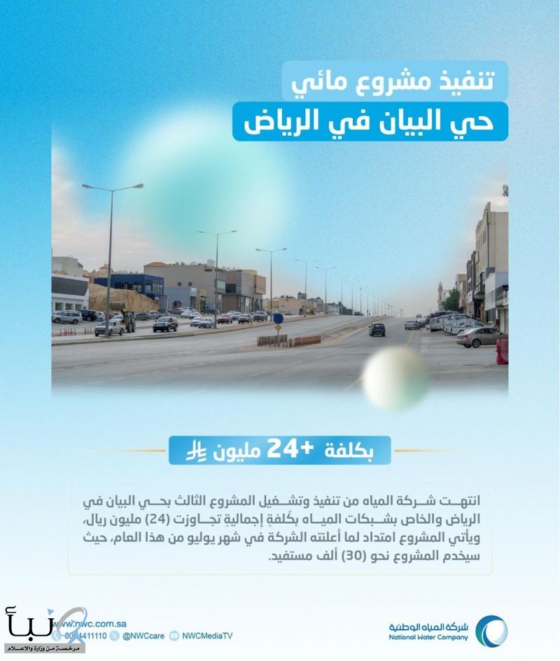 المياه الوطنية: تدعو سكان حي البيان بالرياض لطلب خدمة المياه بعد تنفيذ المشروع بأكثر من 24 مليون ريال المياه الوطنية: تدعو سكان حي البيان بالرياض لطلب خدمة المياه بعد تنفيذ المشروع بأكثر من 24 مليون ريال