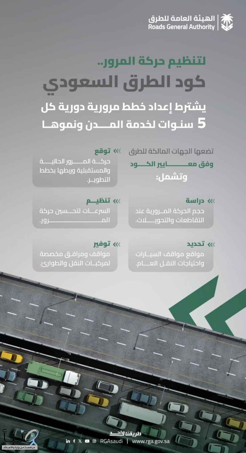 "هيئة الطرق": كود الطرق السعودي يشترط إعداد خطط مرورية دورية كل ٥ سنوات لخدمة المدن ونموها