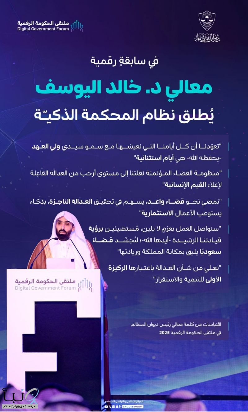 بخطى واثقة نحو قضاءٍ أكثر ذكاء.. معالي د. خالد اليوسف يُطلق نظام المحكمة الذكية في ملتقى الحكومة الرقمية 2025