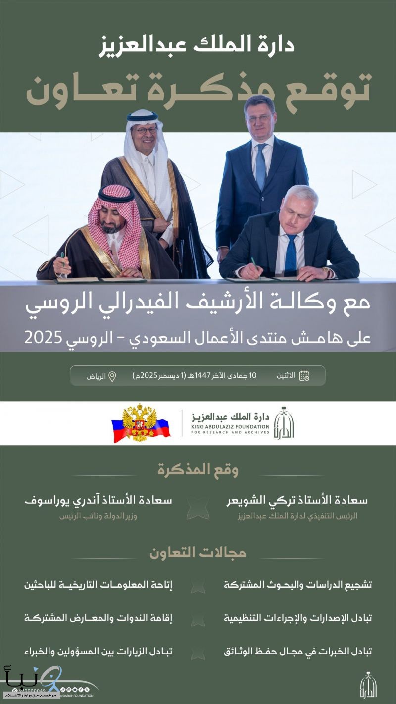 دارة الملك عبدالعزيز توقع مذكرة تعاون مع الأرشيف الفيدرالي الروسي لتبادل الخبرات والبحوث التاريخية