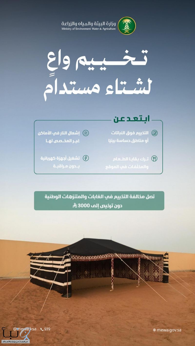 "البيئة" تدعو لتبني سلوكيات التخييم الآمن والتنزه المسؤول خلال فصل الشتاء للحفاظ على الموارد الطبيعية