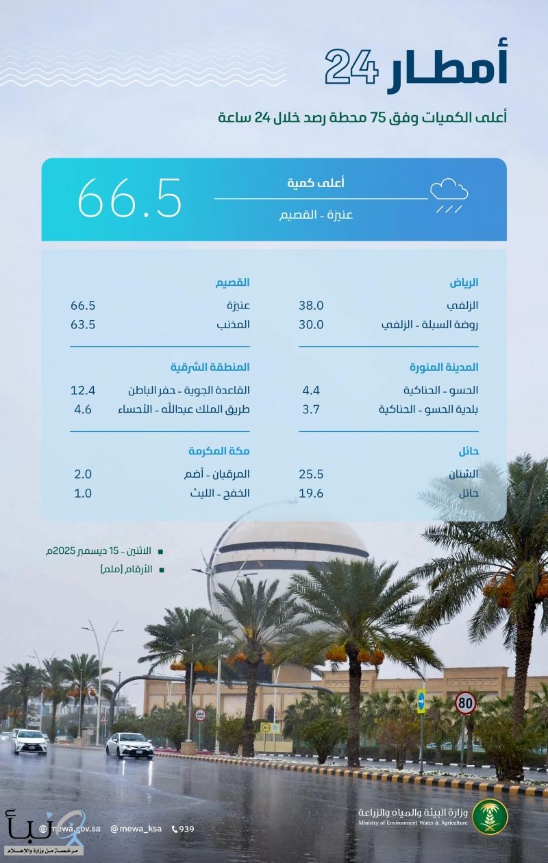 "البيئة" ترصد هطول أمطار في 8 مناطق تتصدرها القصيم بكميات 66.5 ملم في عنيزة