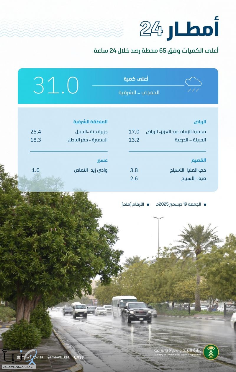 "البيئة": الشرقية تتصدر مشهد الحالة المطرية بـ 31 ملم في الخفجي و65 محطة رصد تسجل هطولات متفرقة في 4 مناطق