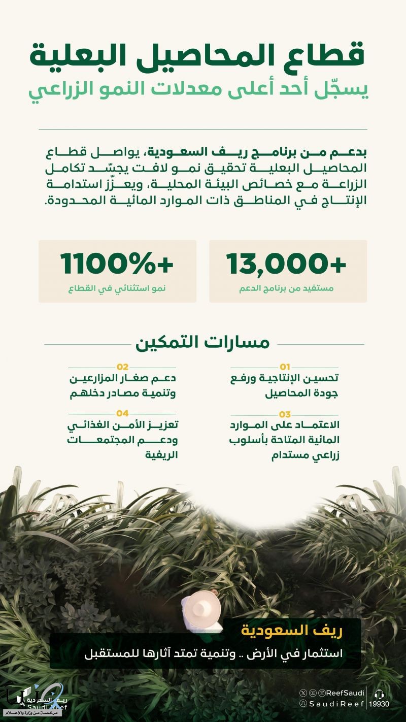 "ريف السعودية": نمو قياسي لقطاع المحاصيل البعلية بـأكثر من %1100 وعدد المستفيدين يتجاوز 13 ألف مستفيد