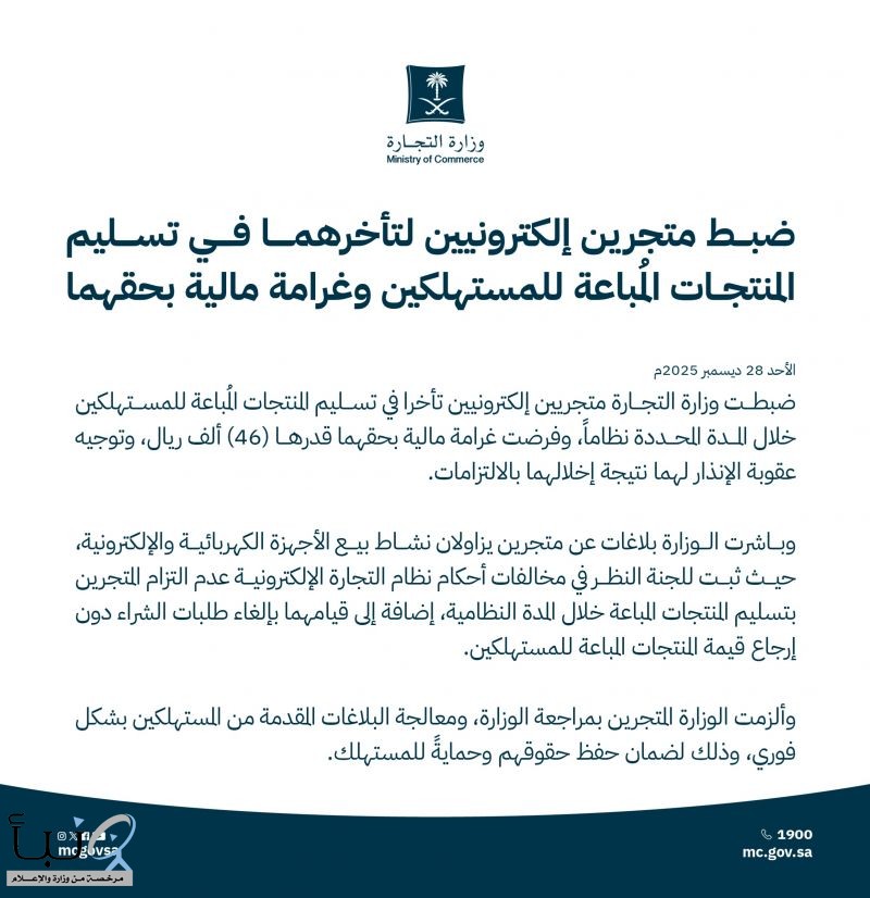 "التجارة": ضبط متجرين إلكترونيين لتأخرهما في تسليم المنتجات المُباعة للمستهلكين وغرامة مالية بحقهما "التجارة": ضبط متجرين إلكترونيين لتأخرهما في تسليم المنتجات المُباعة للمستهلكين وغرامة مالية بحقهما