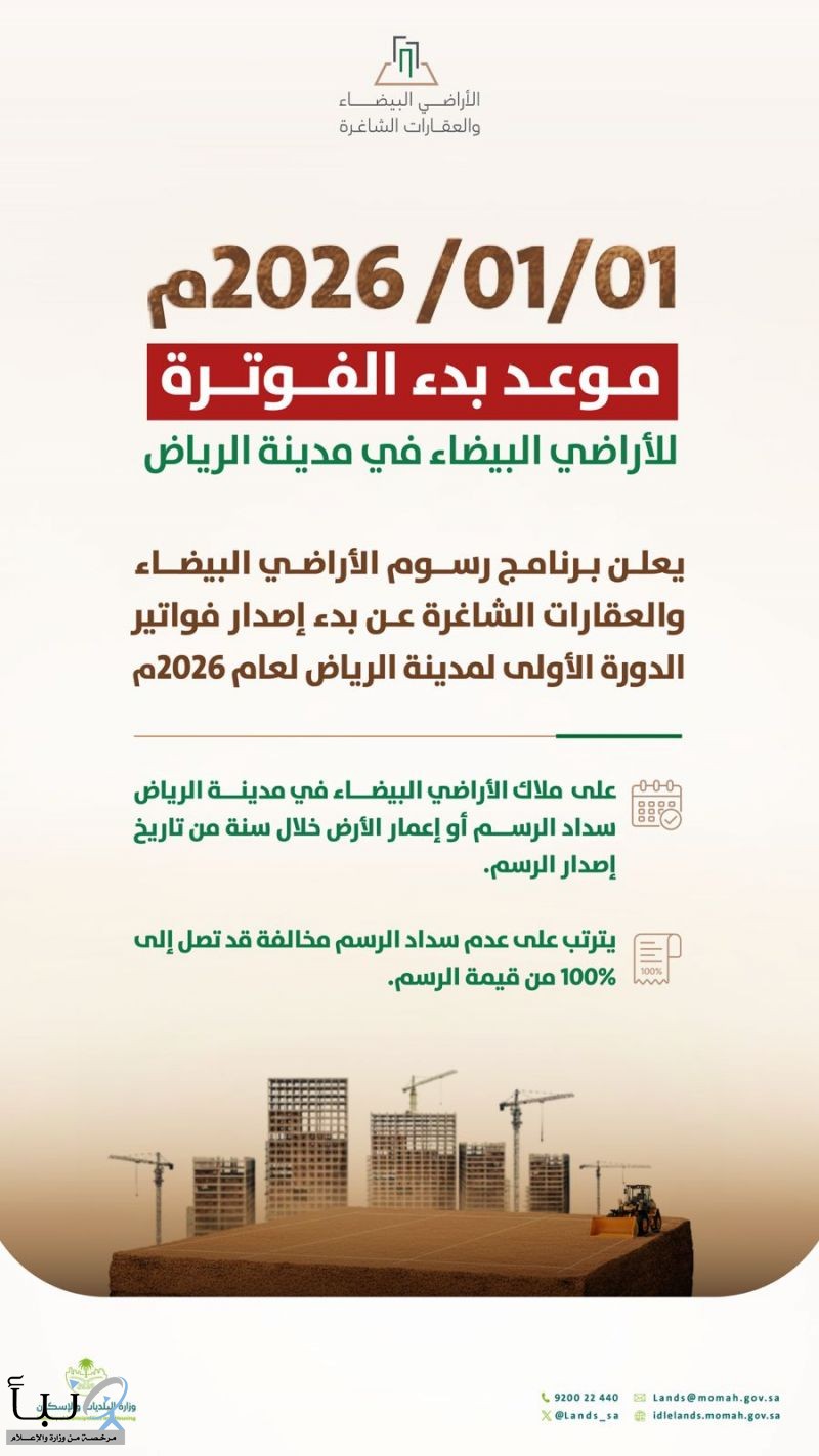 "البلديات والإسكان" تبدأ بإصدار أكثر من 60 ألف فاتورة لرسوم الأراضي البيضاء في مدينة الرياض