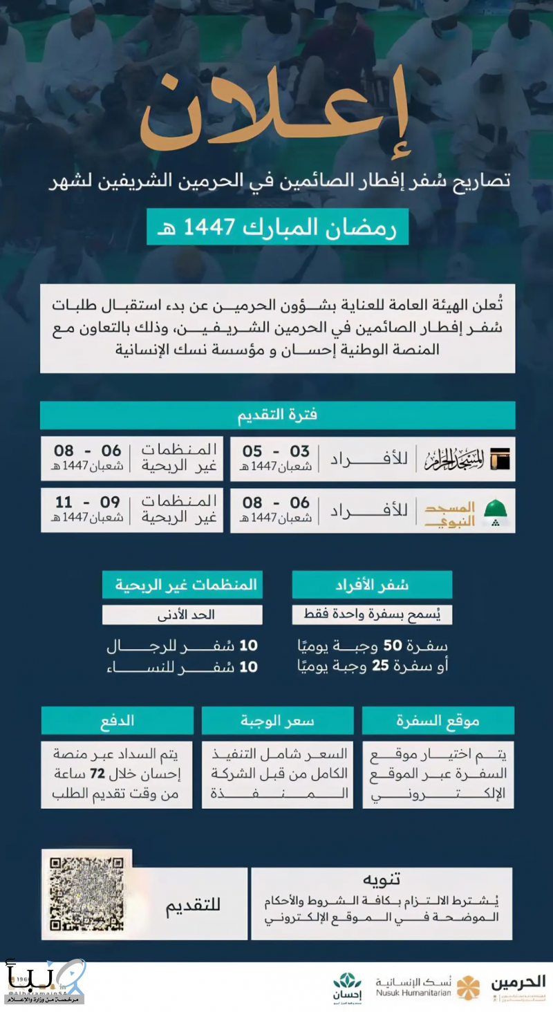 هيئة العناية بالحرمين تُعلن بدء استقبال طلبات تصاريح سفر إفطار الصائمين في رمضان 1447هـ هيئة العناية بالحرمين تُعلن بدء استقبال طلبات تصاريح سفر إفطار الصائمين في رمضان 1447هـ