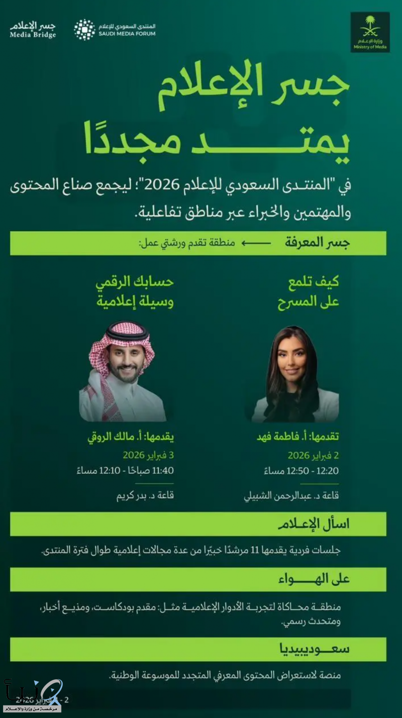 وزارة الإعلام تقدم مناطق وتجارب تفاعلية عبر “جسر الإعلام” في المنتدى السعودي للإعلام وزارة الإعلام تقدم مناطق وتجارب تفاعلية عبر “جسر الإعلام” في المنتدى السعودي للإعلام