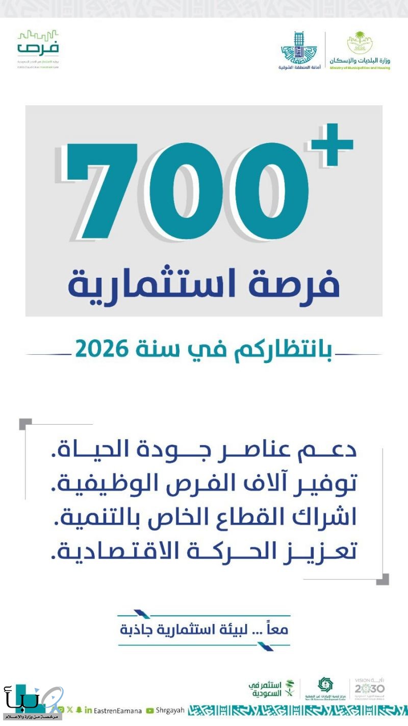 أمانة الشرقية تطلق 700 فرصة استثمارية في عام 2026