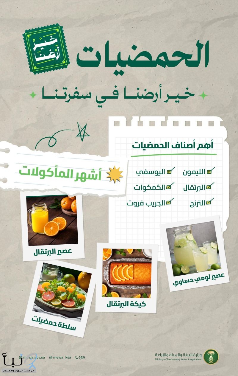 "البيئة": الحمضيات الوطنية تتصدر مائدة رمضان وحملة "خير أرضنا" تعزز الصحة والاستدامة الغذائية "البيئة": الحمضيات الوطنية تتصدر مائدة رمضان وحملة "خير أرضنا" تعزز الصحة والاستدامة الغذائية