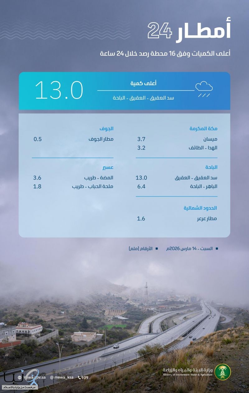 "البيئة": أمطار متفرقة على 5 مناطق بالمملكة.. والباحة تسجل أعلى كمية بـ13.0 ملم في العقيق
