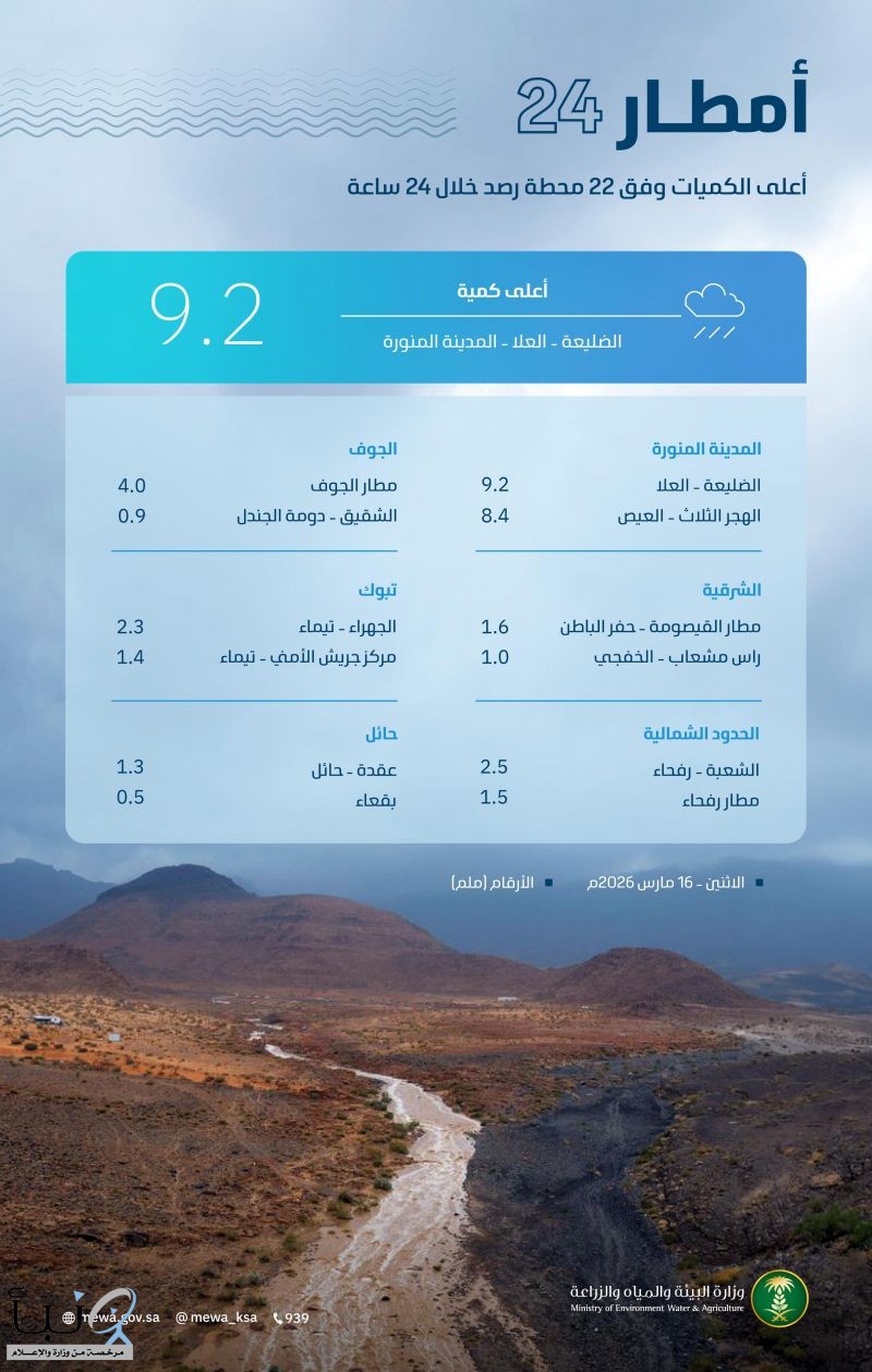 "البيئة": 22محطة رصد تُسجّل هطول أمطار في 7 مناطق.. ومحافظة العلا بالمدينة المنورة الأعلى كميةً بـ 9,2 ملم