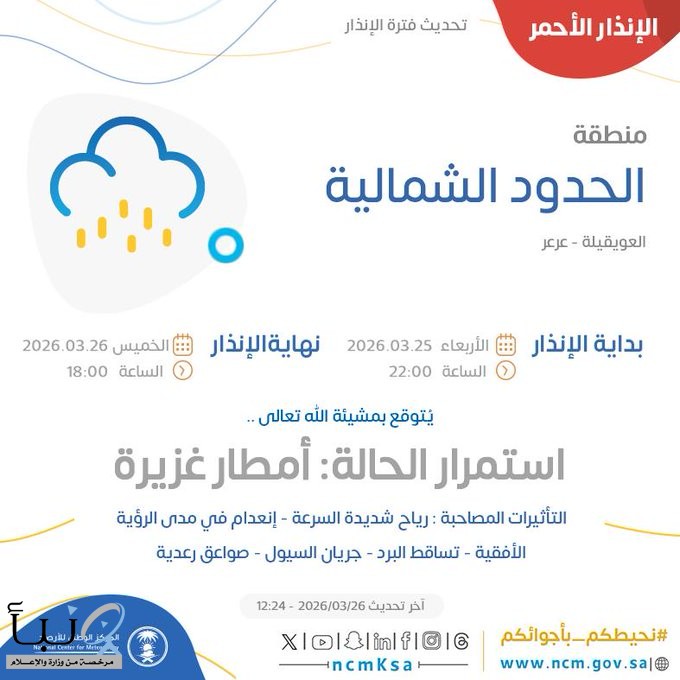 الإنذار الأحمر في #الحدود_الشمالية.. توقعات باستمرار الأمطار الغزيرة والصواعق الرعدية.