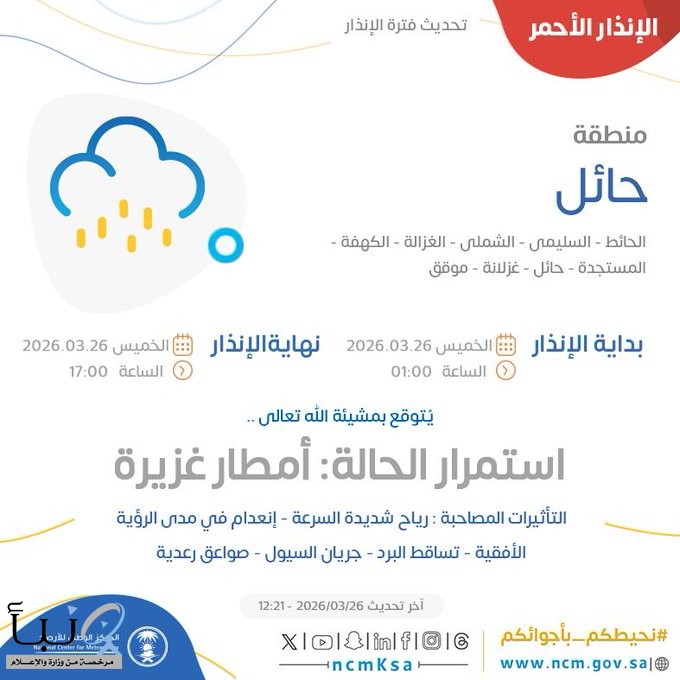 #الأرصاد ترفع درجة التنبيه للون الأحمر في حائل باستمرار الأمطار الغزيرة