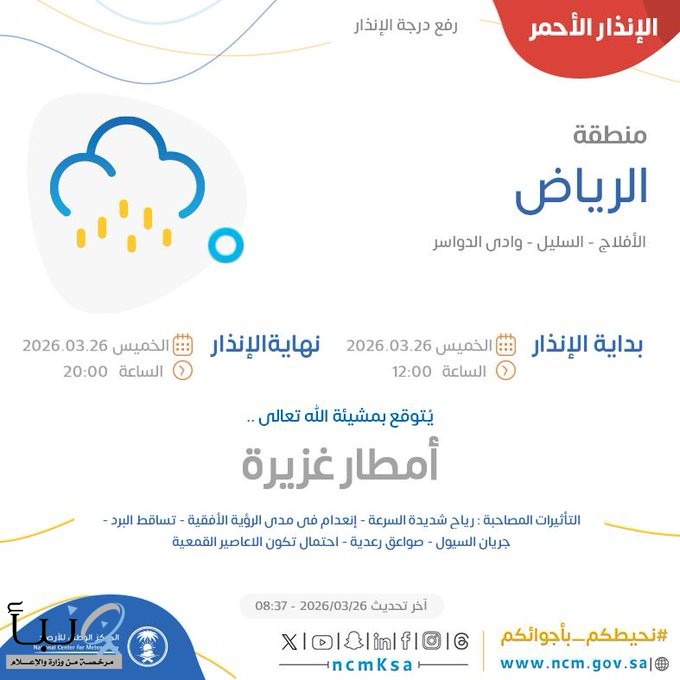 “الأرصاد” ترفع درجة الإنذار للون الأحمر في الرياض وعسير “الأرصاد” ترفع درجة الإنذار للون الأحمر في الرياض وعسير