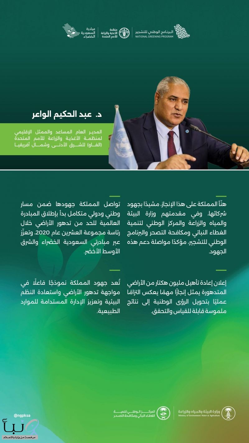 الفاو" تُشيد بإعلان المملكة إعادة تأهيل مليون هكتار من الأراضي وتؤكّد استمرار دعمها للتعاون مع البرنامج الوطني للتشجير
