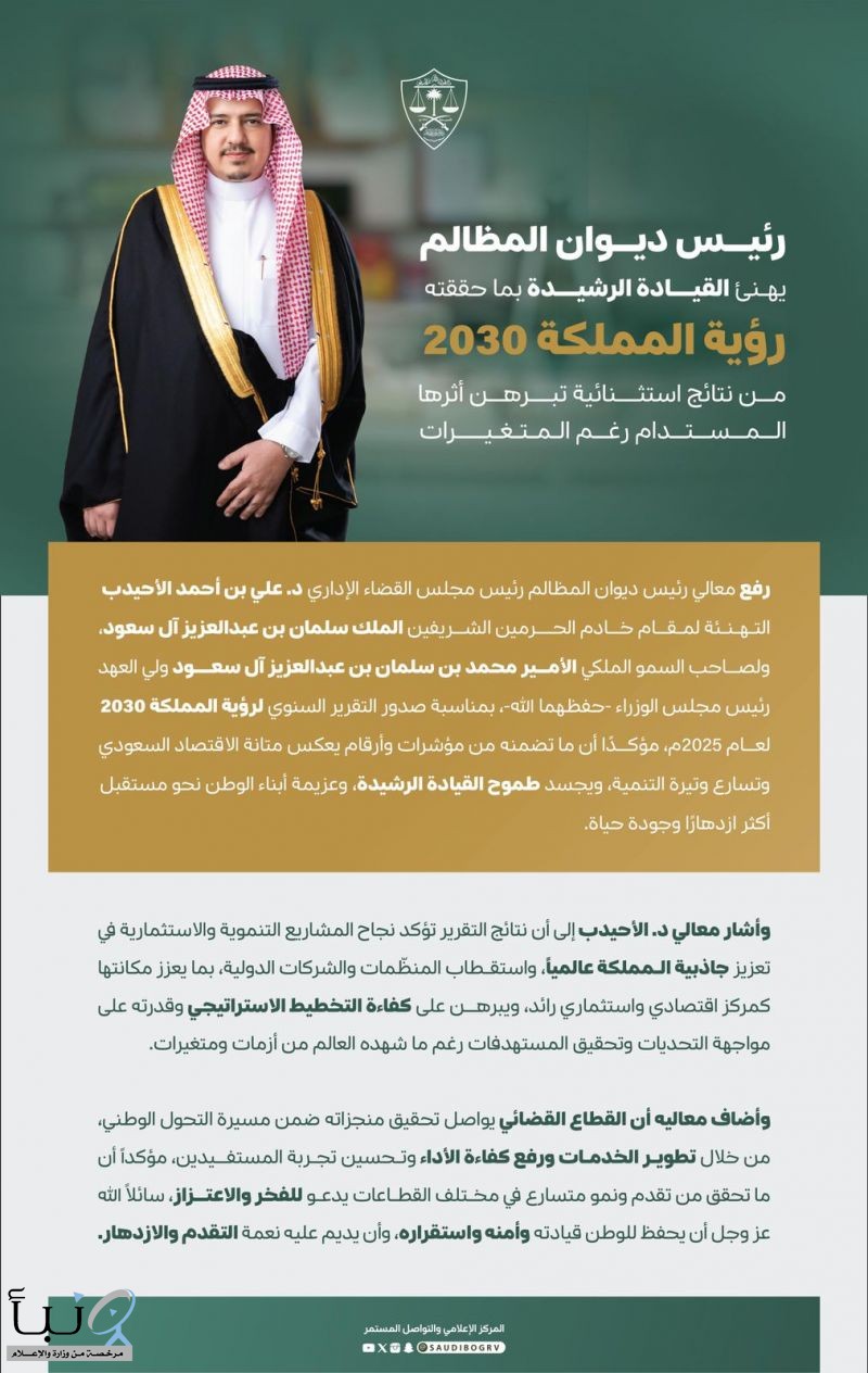 رئيس ديوان المظالم يهنئ القيادة بما حققته رؤية المملكة 2030 من نتائج استثنائية تبرهن أثرها المستدام رغم المتغيرات