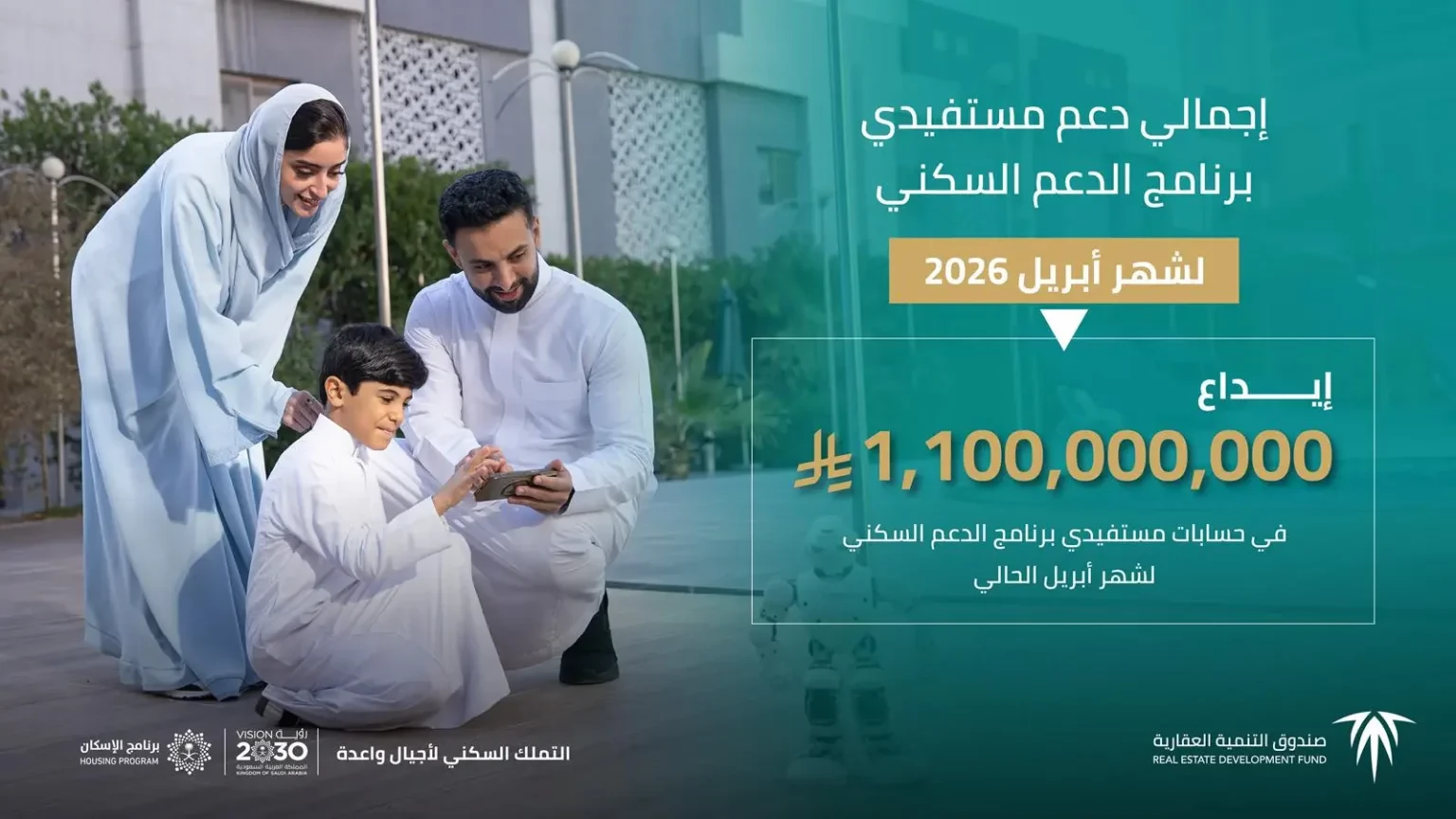 صندوق التنمية العقارية يودع 1.1 مليار ريال لمستفيدي الدعم السكني لشهر أبريل 2026