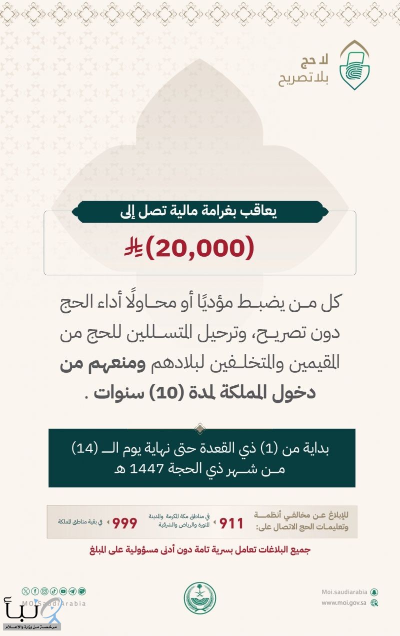 الداخلية تحذر من الحج دون تصريح: غرامة تصل إلى 20 ألف ريال ومنع المخالفين 10 سنوات