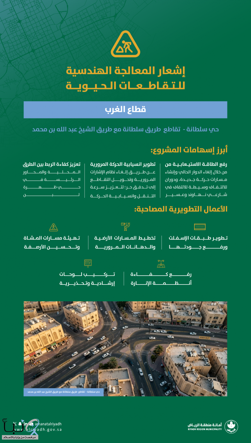 أمانة منطقة الرياض تبدأ تطوير تقاطع حيوي بحي سلطانة ضمن قطاع الغرب