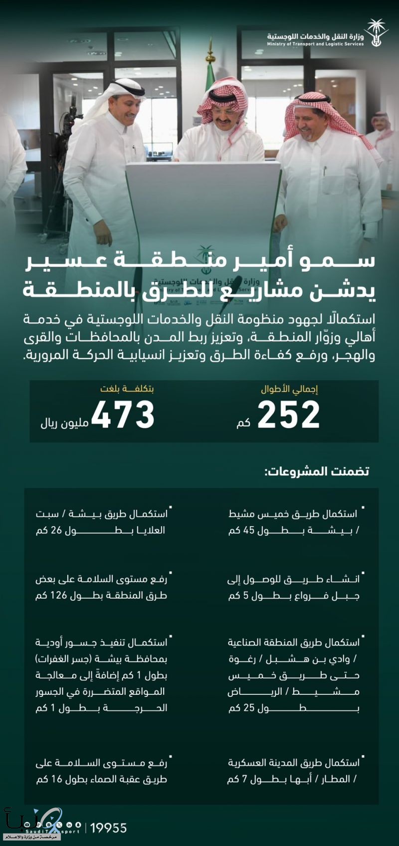 أمير عسير يدشّن 9 مشاريع طرق بتكلفة 473 مليون ريال لتعزيز البنية التحتية بالمنطقة