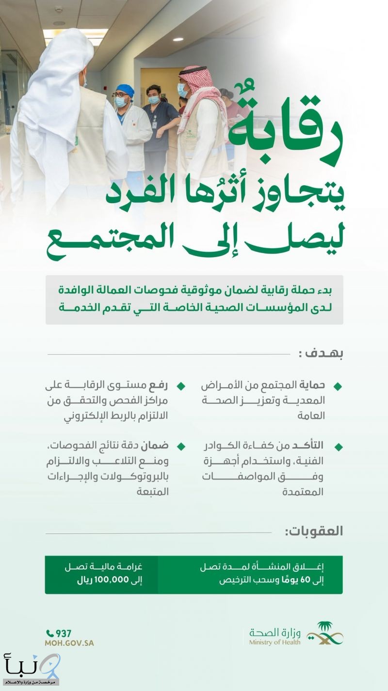 وزارة الصحة السعودية تطلق حملة رقابية لتعزيز موثوقية فحوصات العمالة الوافدة وتشديد الرقابة على المنشآت الطبية الخاصة