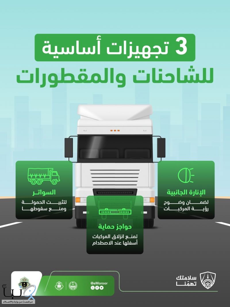 المرور يؤكد أهمية تجهيز الشاحنات والمقطورات بثلاثة عناصر للحد من حوادث الطرق
