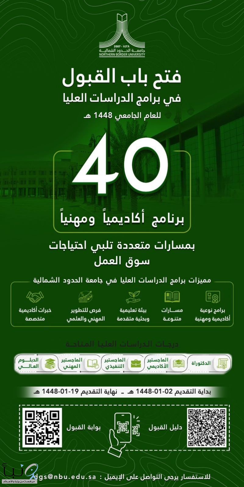 جامعة الحدود الشمالية تفتح باب القبول في 40 برنامجًا للدراسات العليا جامعة الحدود الشمالية تفتح باب القبول في 40 برنامجًا للدراسات العليا