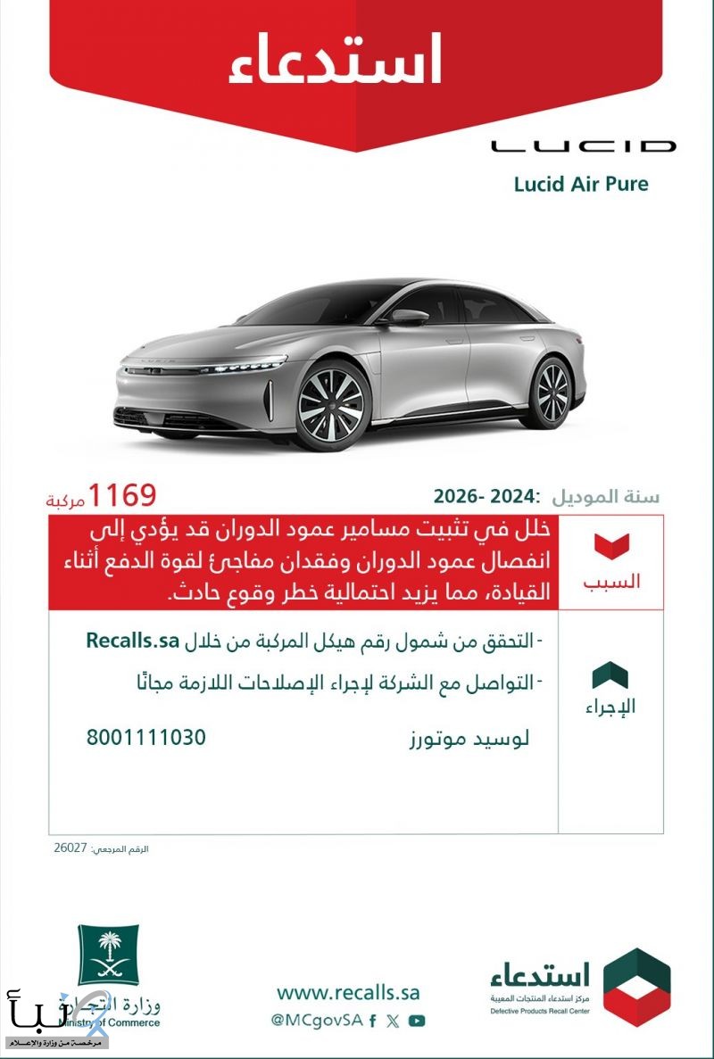 «التجارة» تستدعي 1,169 مركبة Lucid Air Pure لخلل قد يؤدي إلى فقدان قوة الدفع أثناء القيادة «التجارة» تستدعي 1,169 مركبة Lucid Air Pure لخلل قد يؤدي إلى فقدان قوة الدفع أثناء القيادة