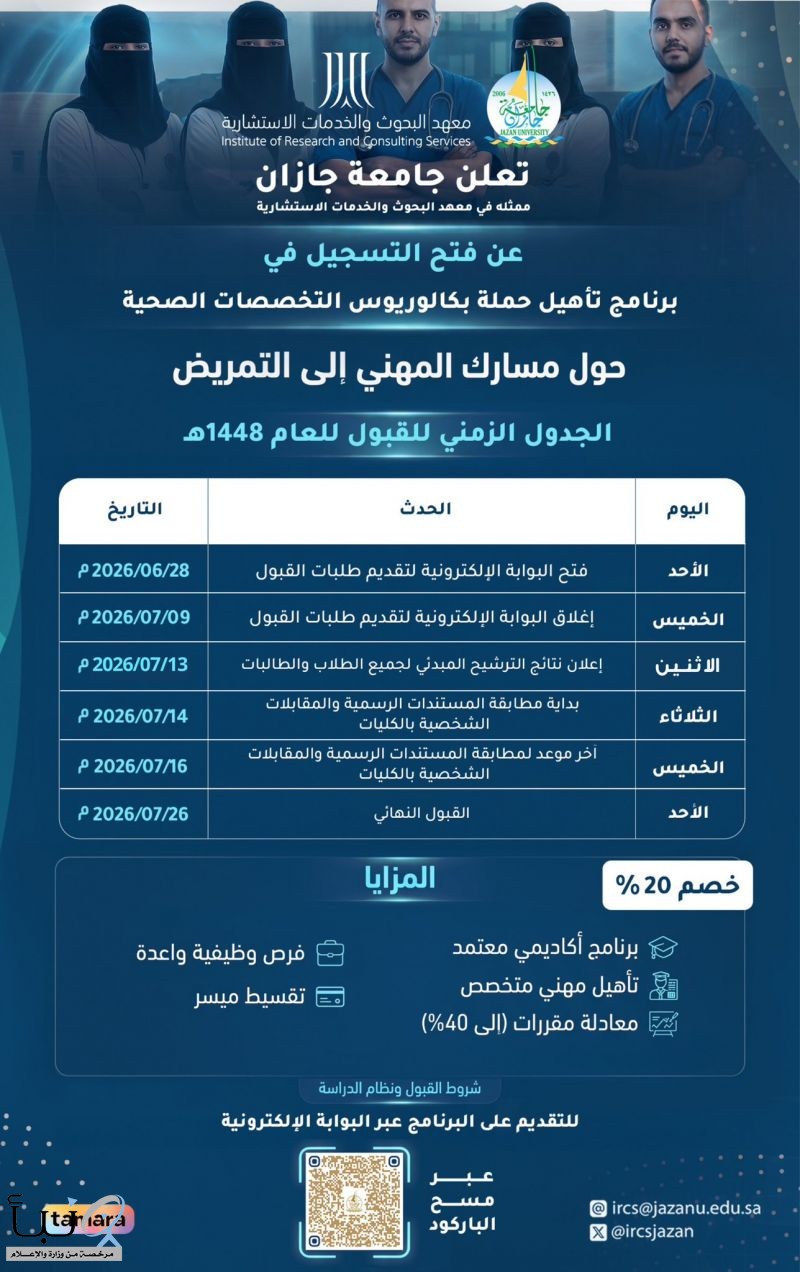 جامعة جازان تفتح باب التسجيل لبرنامج التحويل إلى مسار التمريض لحملة التخصصات الصحية
