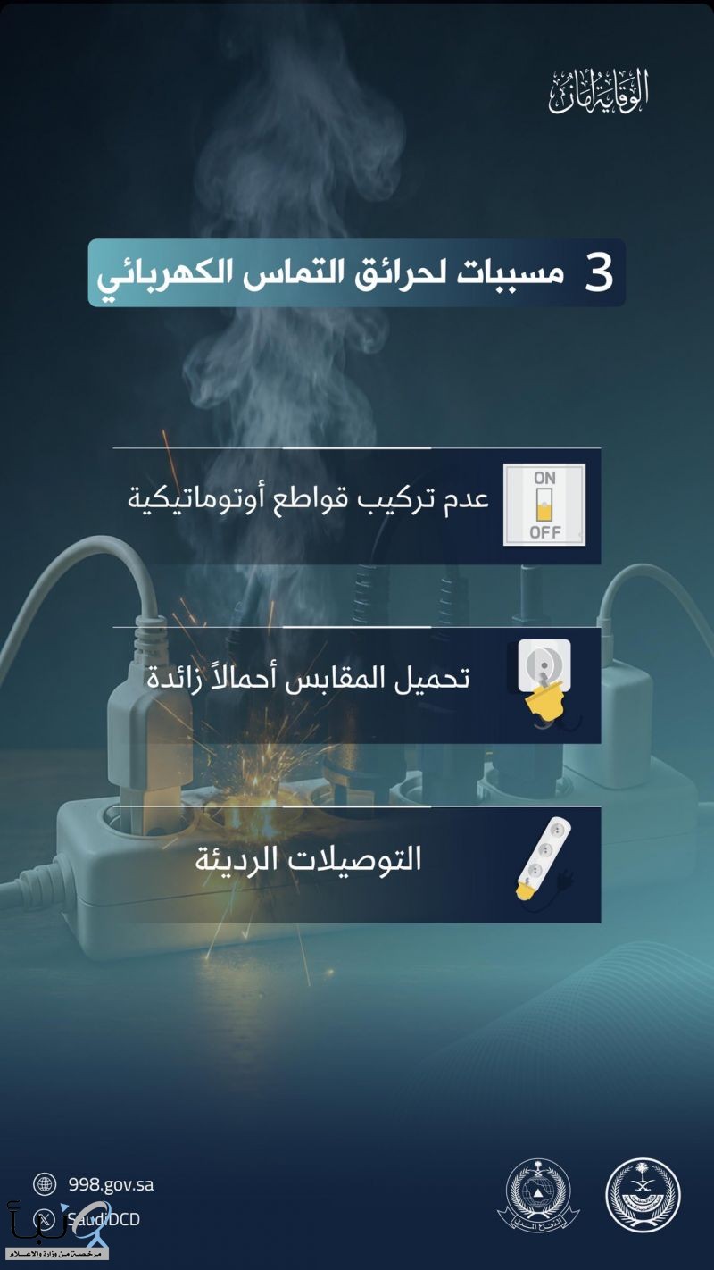الدفاع المدني يدعو إلى صيانة الأنظمة الكهربائية للوقاية من حرائق التماس ويحدد أبرز مسبباتها