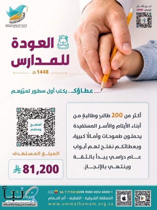 جمعيّة أمّ الحمام الخيريّة تطلق برنامج العودة للمدارس للعام الدراسيّ 1448 - 1449 هـ لدعم الطلّاب والطالبات المستفيدين بمبلغ 81,200 ريال جمعيّة أمّ الحمام الخيريّة تطلق برنامج العودة للمدارس للعام الدراسيّ 1448 - 1449 هـ لدعم الطلّاب والطالبات المستفيدين بمبلغ 81,200 ريال