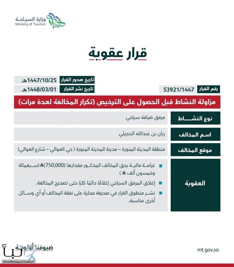 السياحة» تغرّم مرفق ضيافة بالمدينة المنورة 750 ألف ريال وتقرر إغلاقه نهائيًا