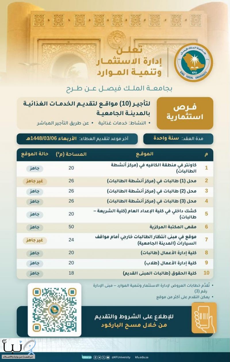 ‏إدارة الاستثمار وتنمية الموارد بـ #جامعة_الملك_فيصل تطرح فرص استثمارية لتقديم الخدمات الغذائية والعامة في عدد من مباني المدينة الجامعية.
