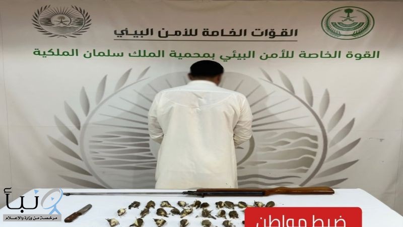 الأمن البيئي يضبط مخالفًا للصيد دون ترخيص في محمية الملك سلمان وبحوزته 30 كائنًا فطريًا الأمن البيئي يضبط مخالفًا للصيد دون ترخيص في محمية الملك سلمان وبحوزته 30 كائنًا فطريًا