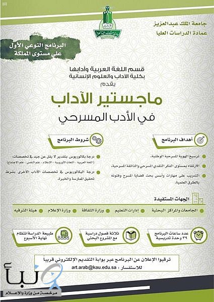 جامعة الملك عبدالعزيز تعلن فتح باب القبول في برنامج ماجستير الأدب المسرحي