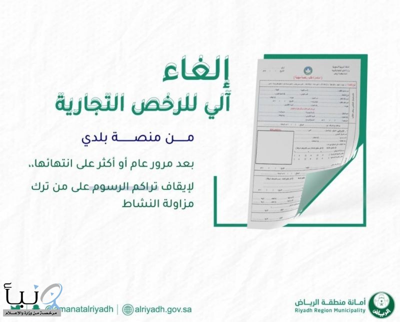 "أمانة الرياض" تبدأ تطبيق إلغاء الرخصة آليًّا بعد عام من انتهائها